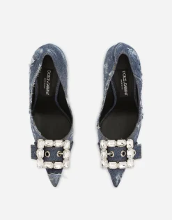 Patchwork denim pumps with rhinestone buckle