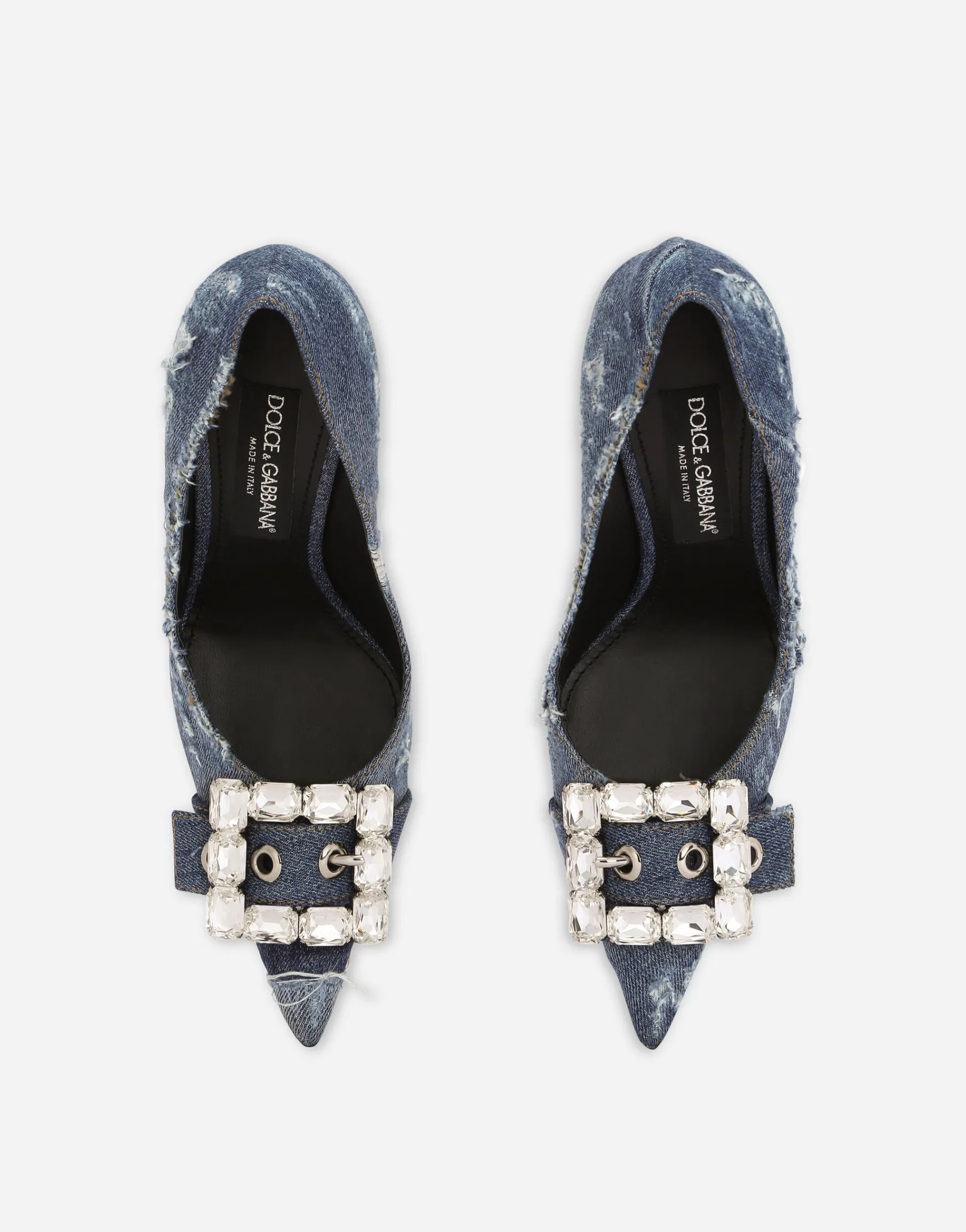 Patchwork denim pumps with rhinestone buckle