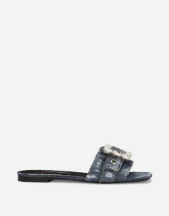 Patchwork denim slides with rhinestone buckle