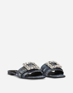 Patchwork denim slides with rhinestone buckle