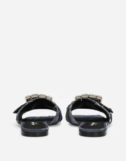 Patchwork denim slides with rhinestone buckle
