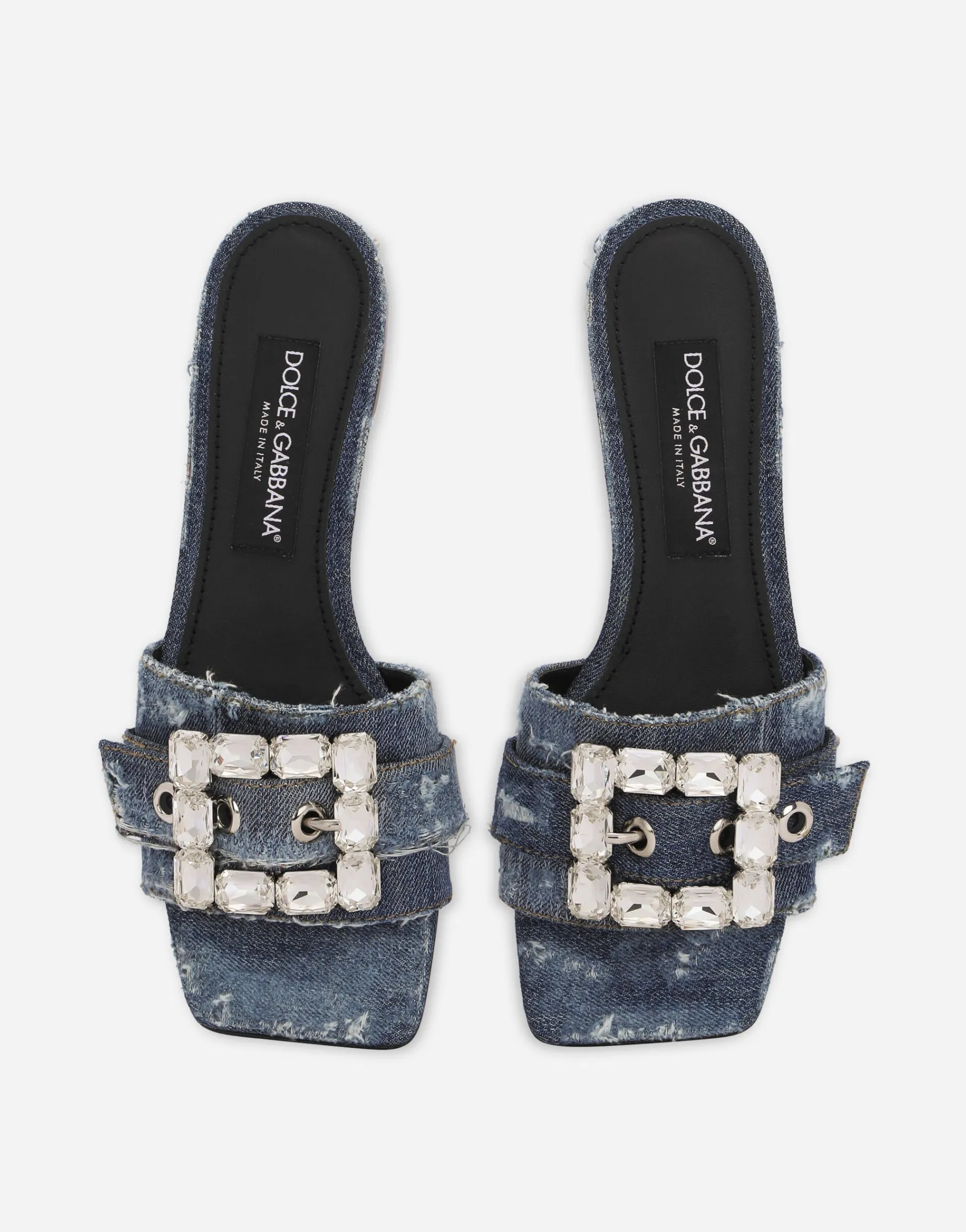 Patchwork denim slides with rhinestone buckle