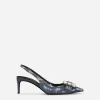 Patchwork denim slingbacks with rhinestone buckle