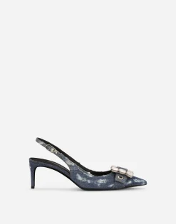 Patchwork denim slingbacks with rhinestone buckle