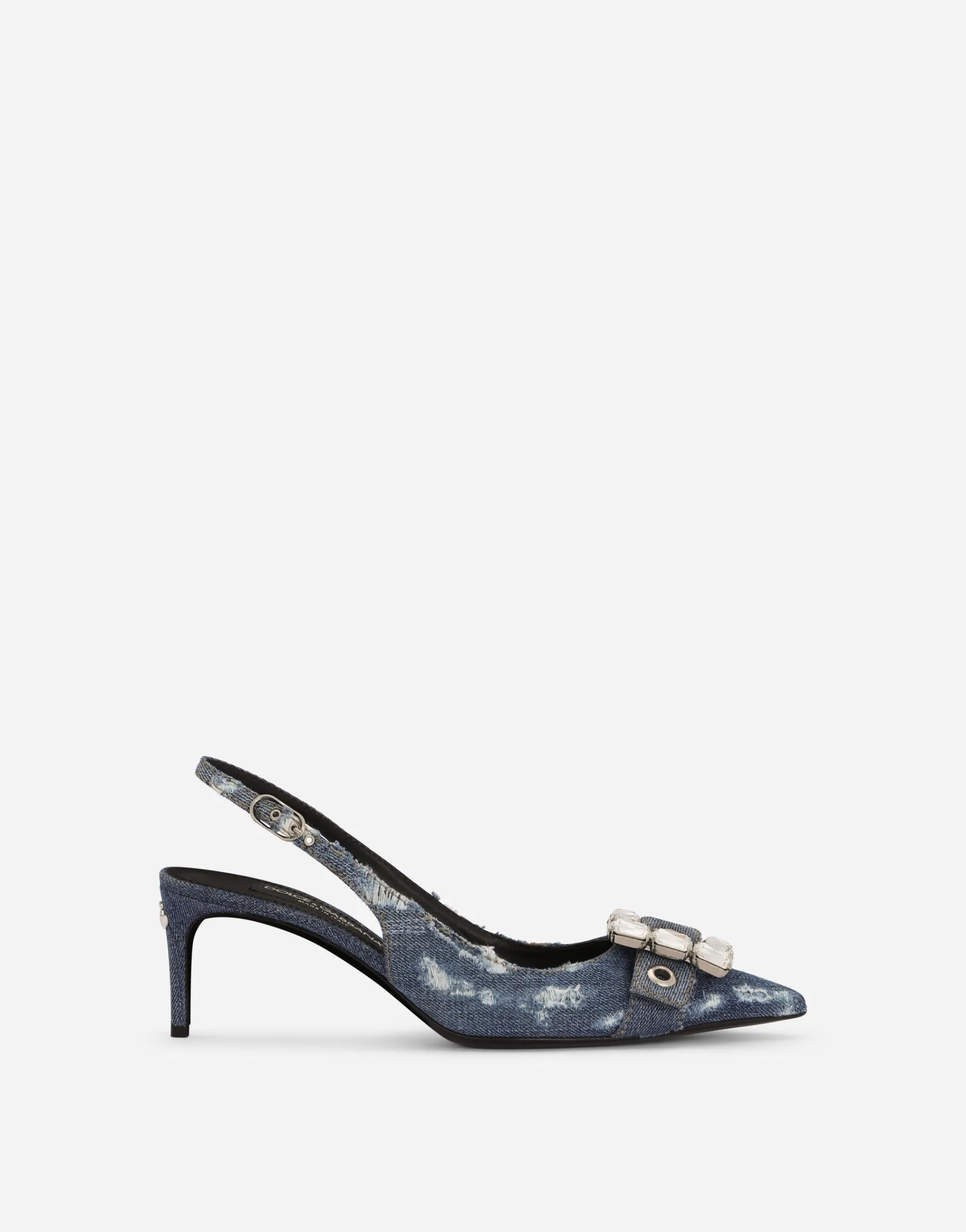 Patchwork denim slingbacks with rhinestone buckle