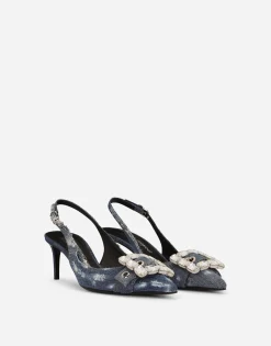 Patchwork denim slingbacks with rhinestone buckle