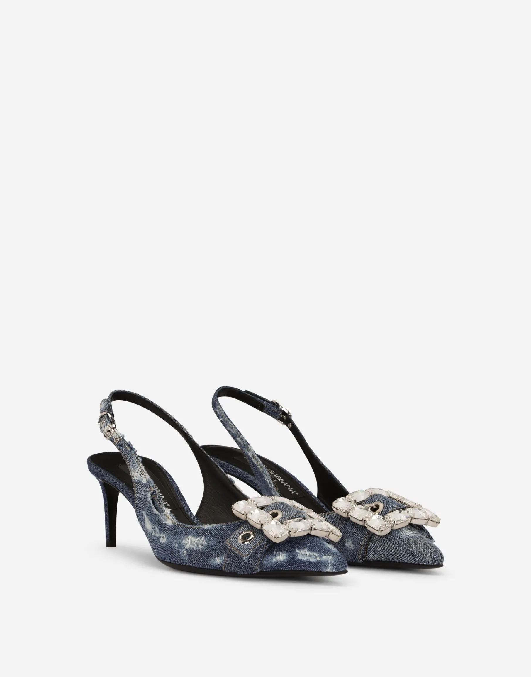 Patchwork denim slingbacks with rhinestone buckle