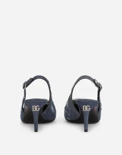 Patchwork denim slingbacks with rhinestone buckle