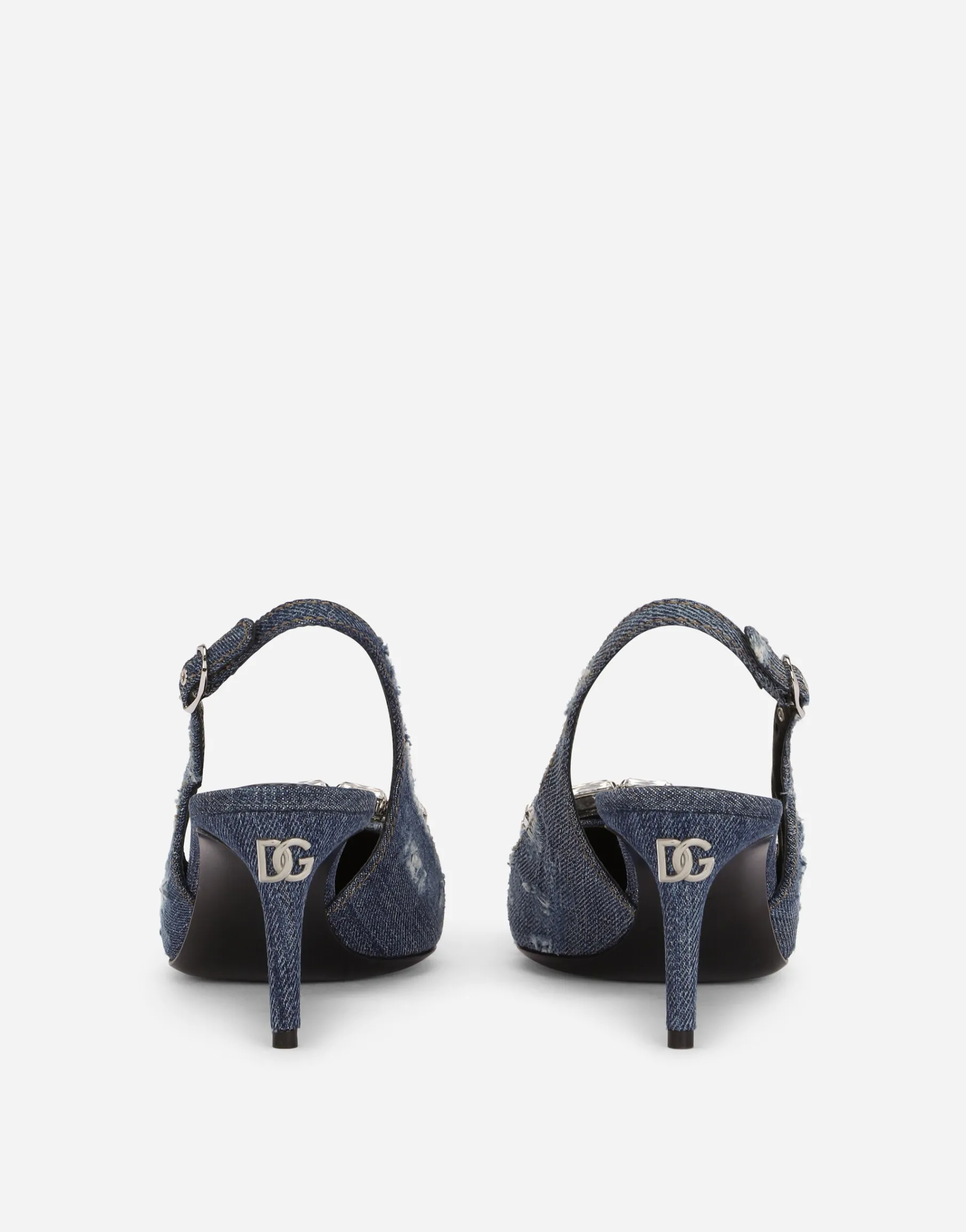 Patchwork denim slingbacks with rhinestone buckle