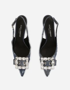 Patchwork denim slingbacks with rhinestone buckle