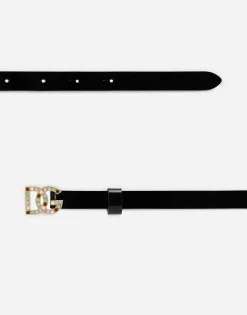 Patent leather belt with multi-colored crystals
