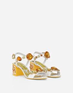 Patent leather sandals with stone embellishment and painted heel