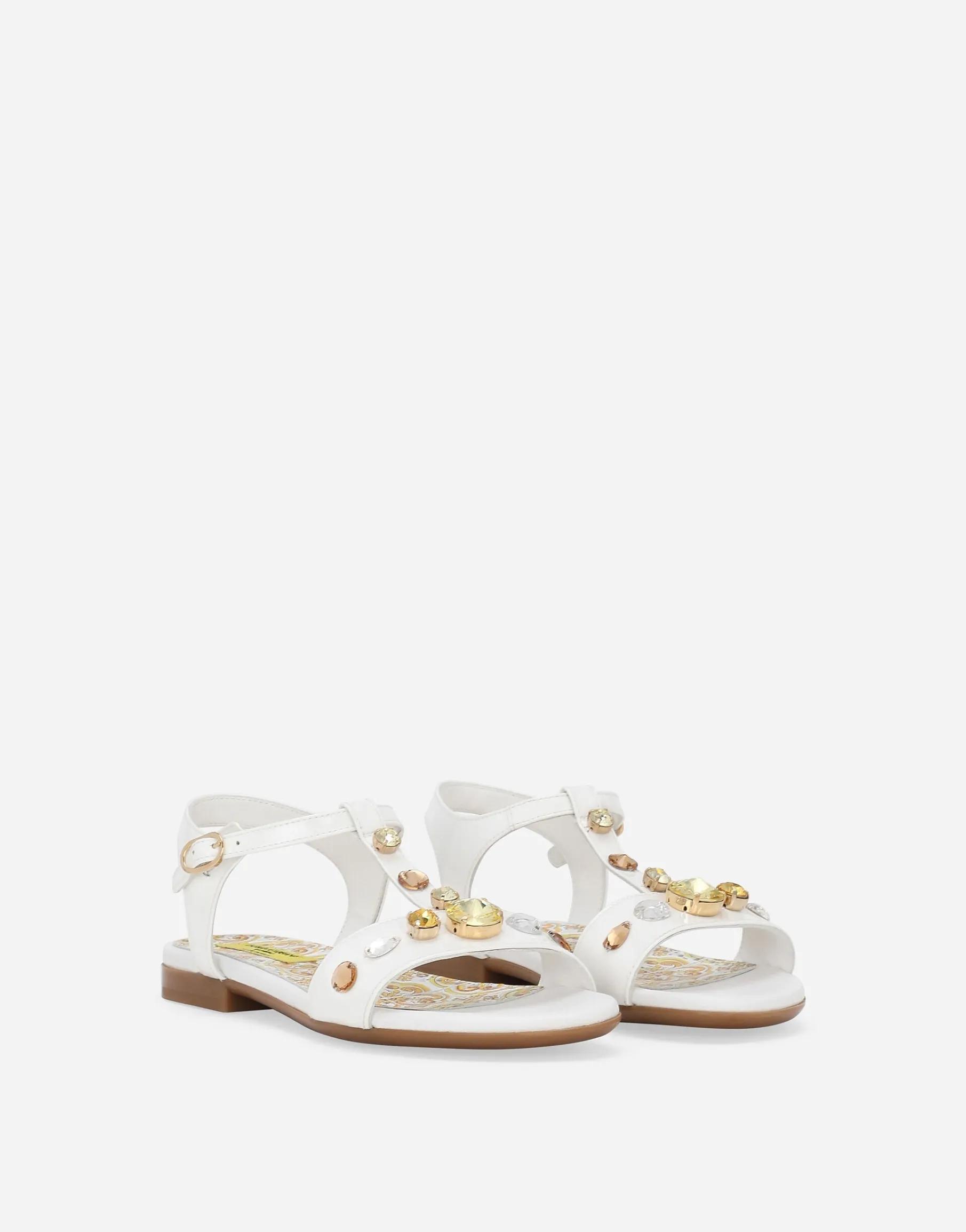 Patent leather sandals with yellow majolica print and Swarovski crystals