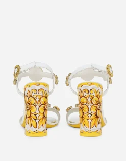 Patent leather sandals with stone embellishment and painted heel