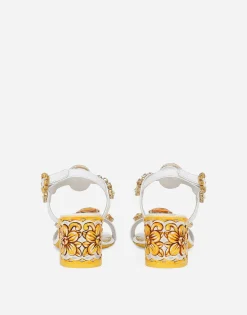 Patent leather sandals with stone embellishment and painted heel