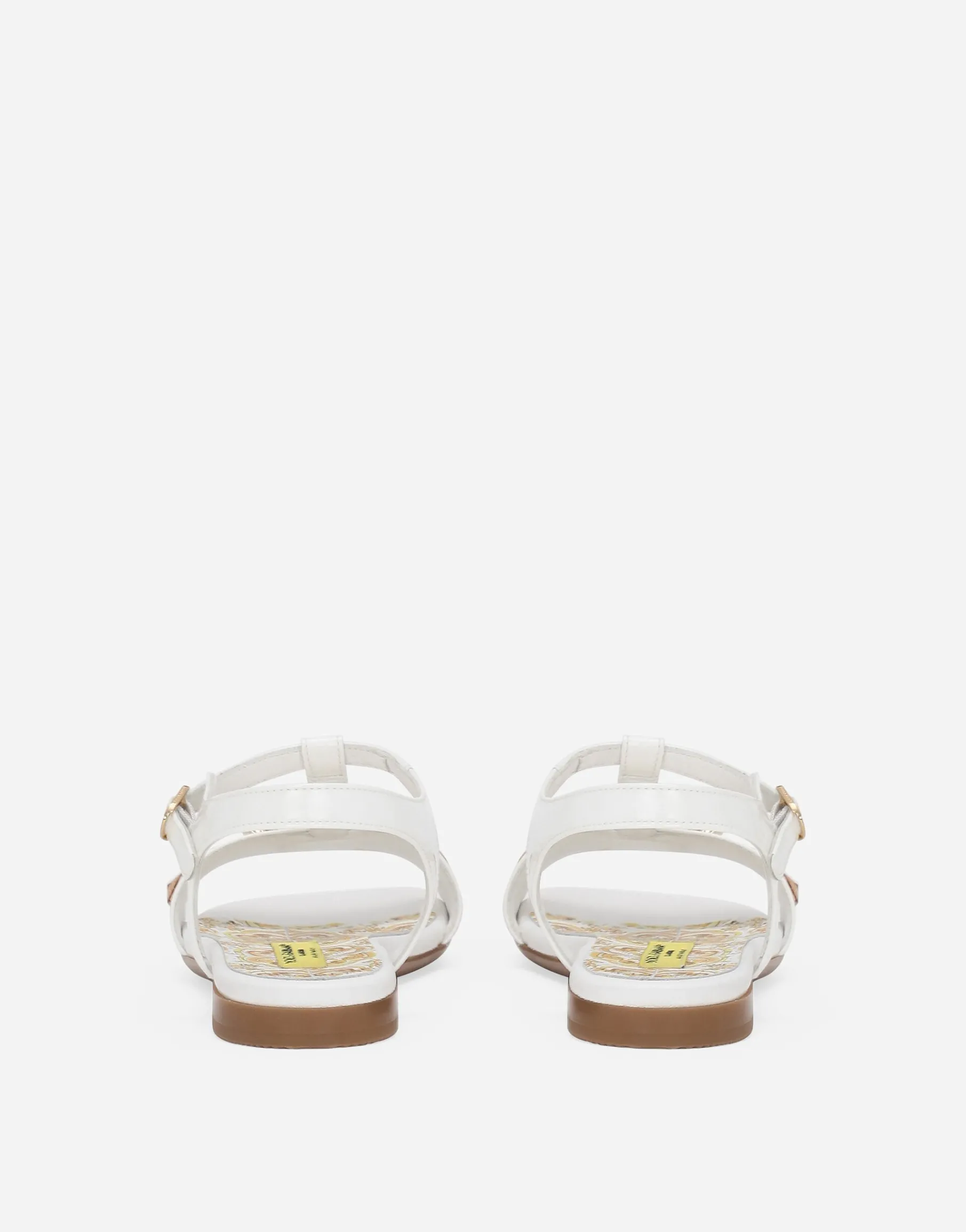 Patent leather sandals with yellow majolica print and Swarovski crystals