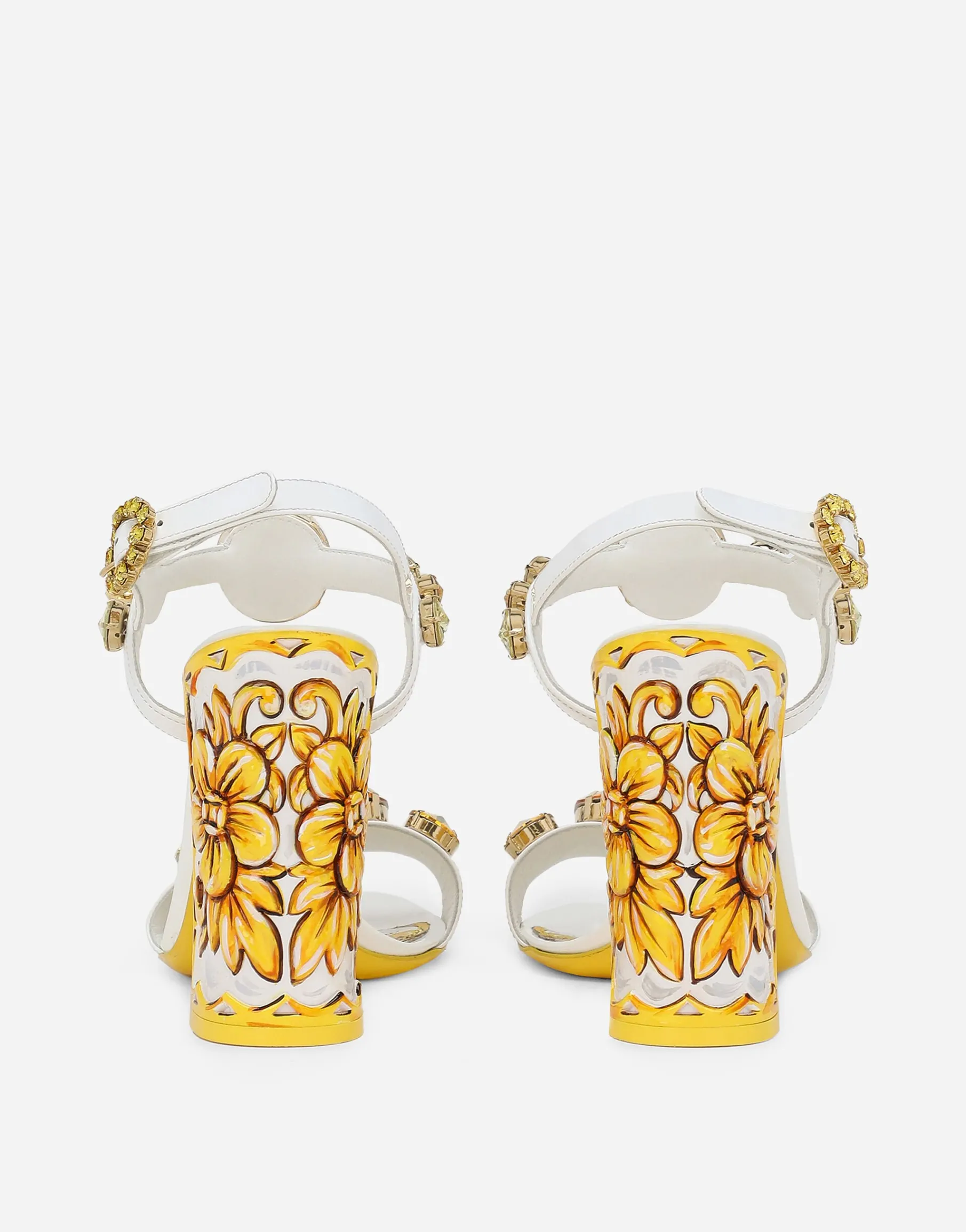 Patent leather sandals with stone embellishment and painted heel