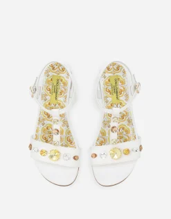 Patent leather sandals with yellow majolica print and Swarovski crystals