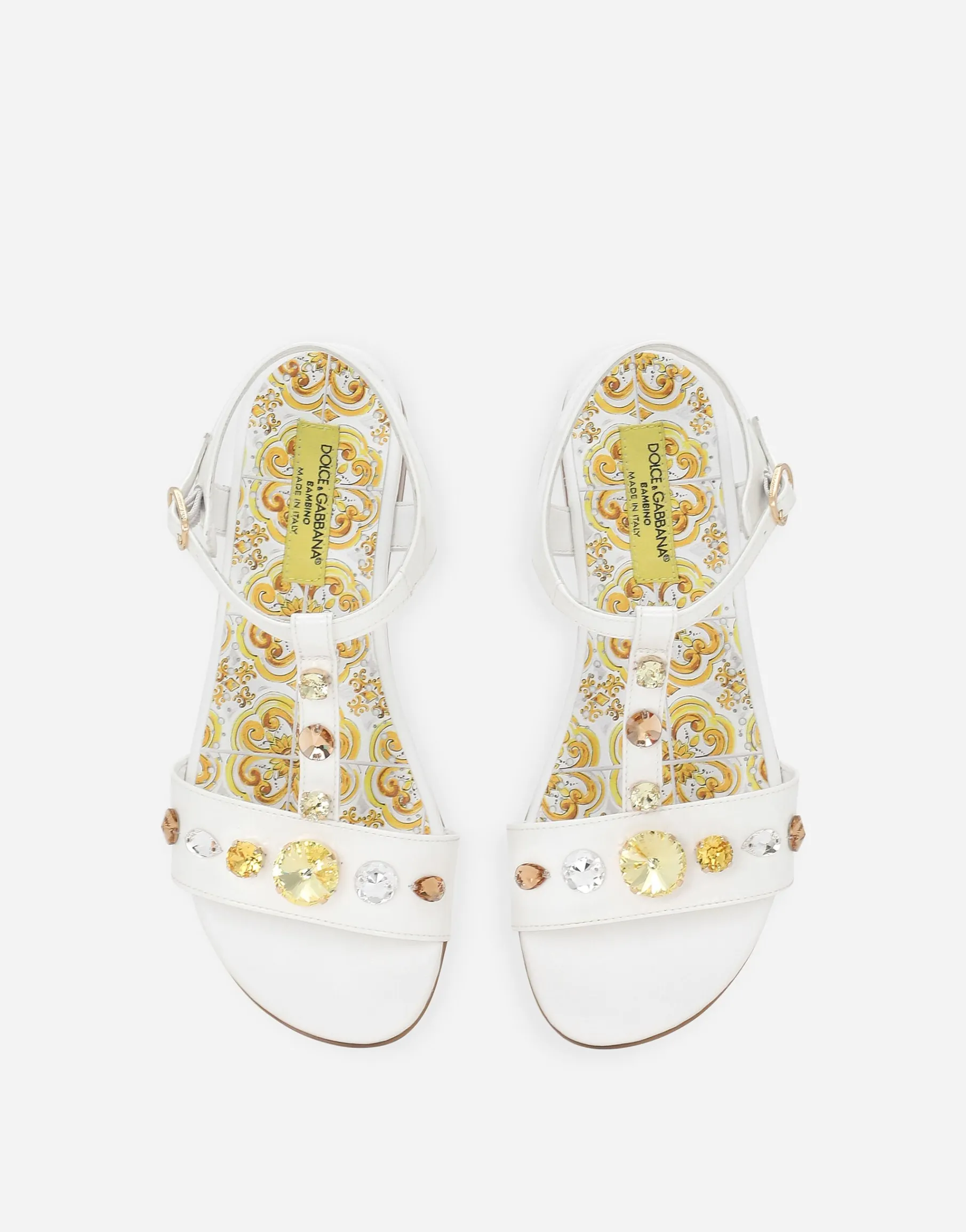 Patent leather sandals with yellow majolica print and Swarovski crystals