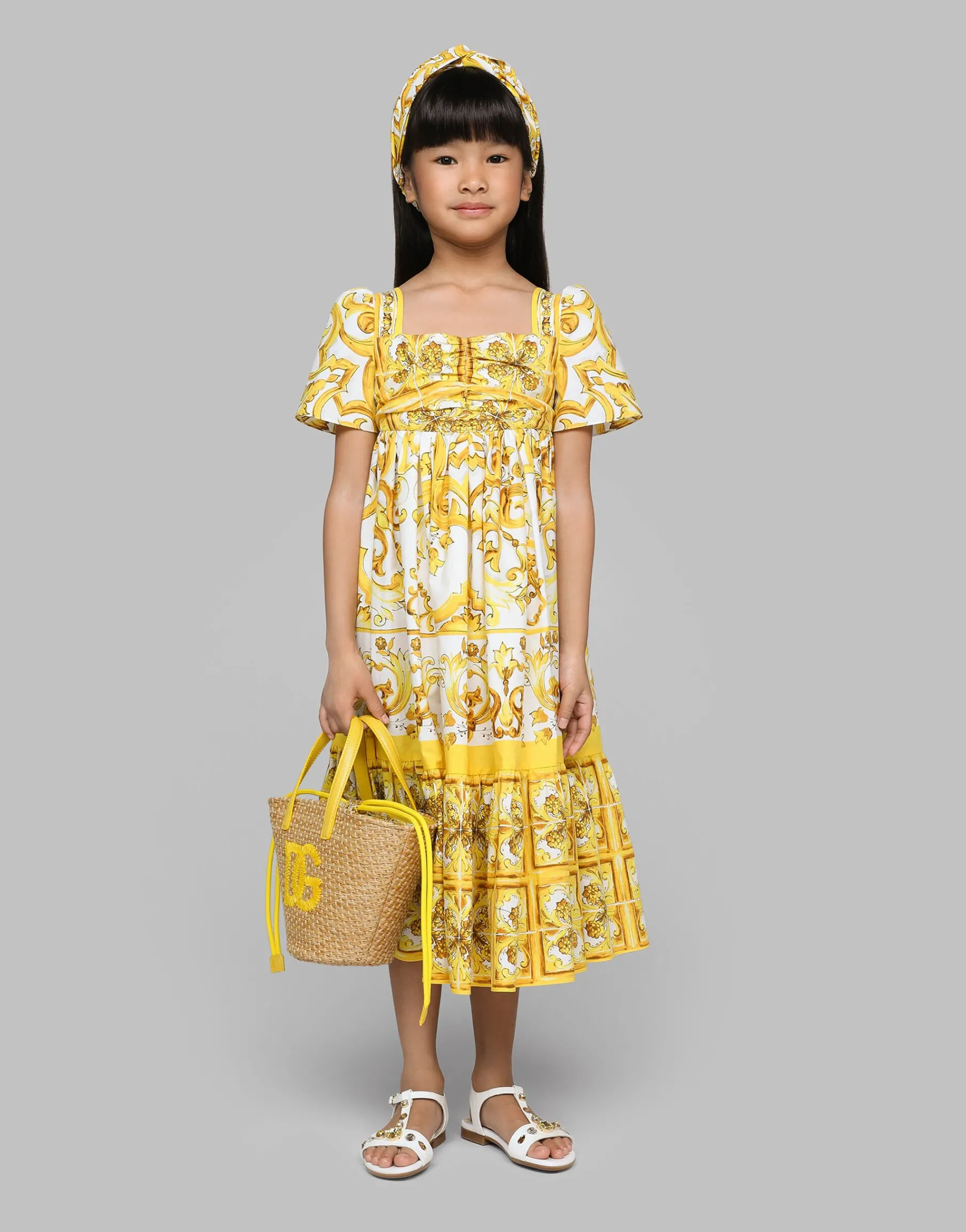 Patent leather sandals with yellow majolica print and Swarovski crystals