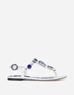 Patent leather thong sandals with embroidery