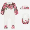 3-piece interlock gift set with rose print over a white background