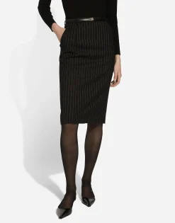 Pinstripe wool calf-length skirt