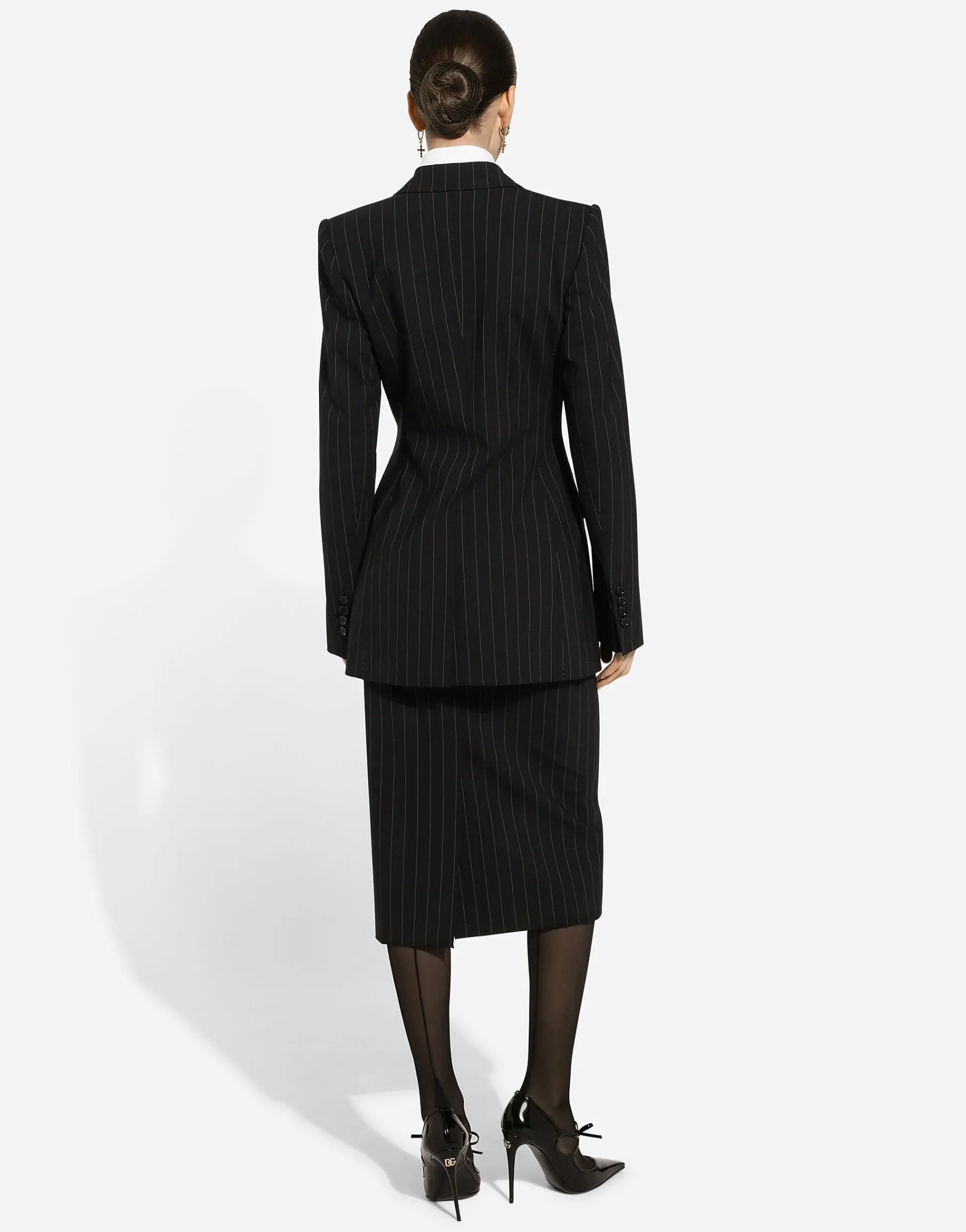 Pinstripe wool calf-length skirt