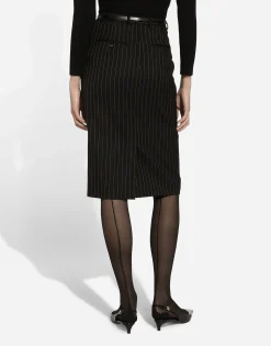 Pinstripe wool calf-length skirt