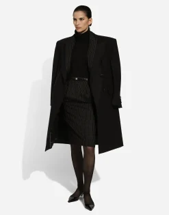Pinstripe wool calf-length skirt
