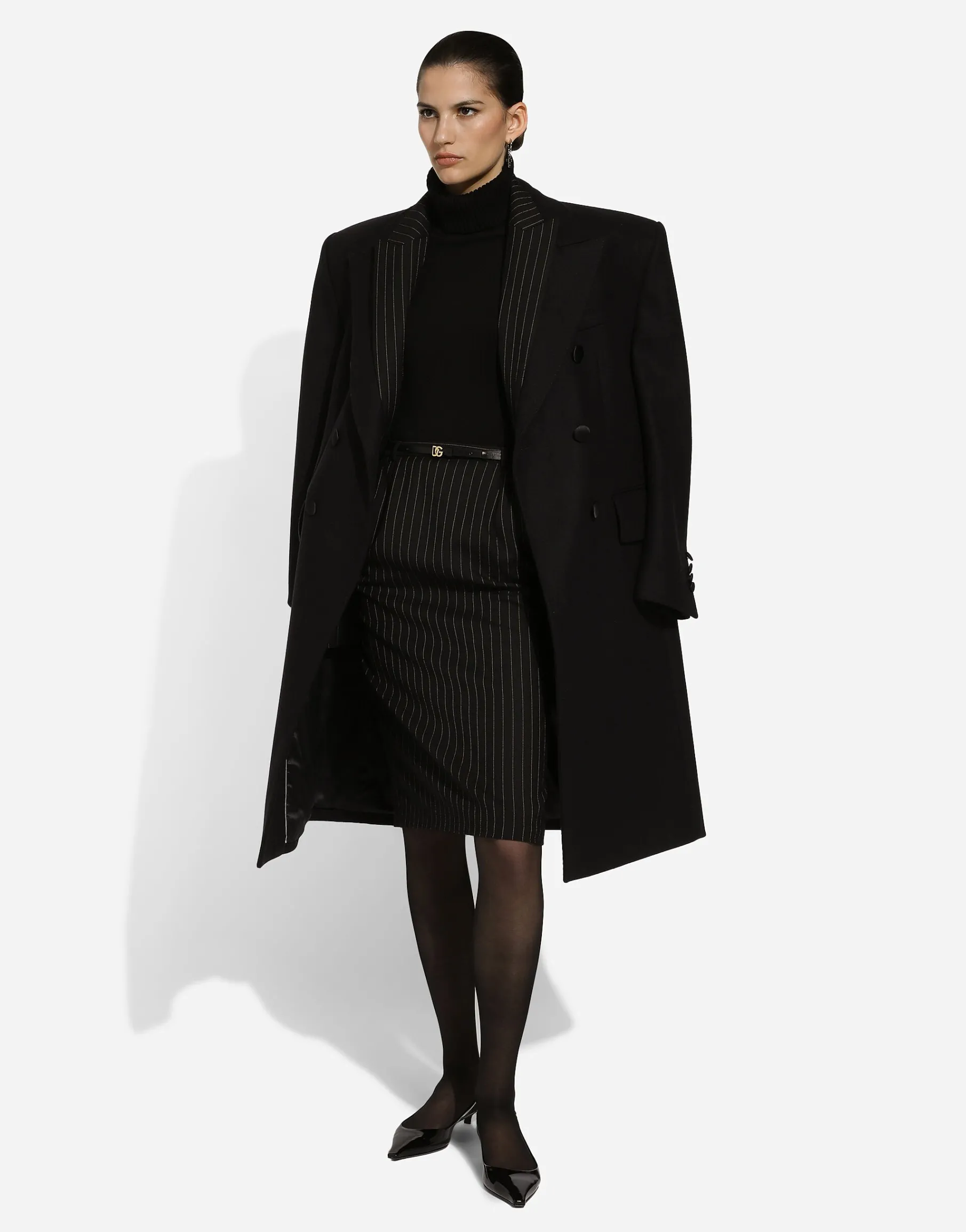 Pinstripe wool calf-length skirt