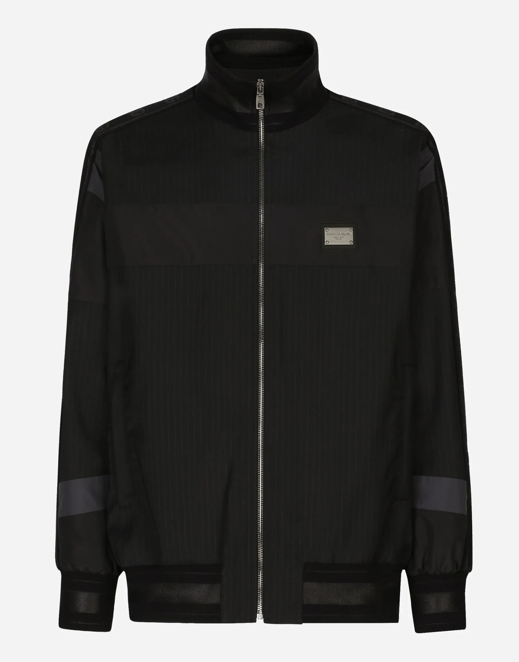 Pinstripe wool jacket with branded tag