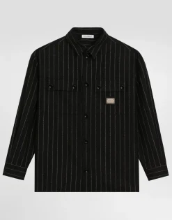 Pinstripe wool shirt with branded tag