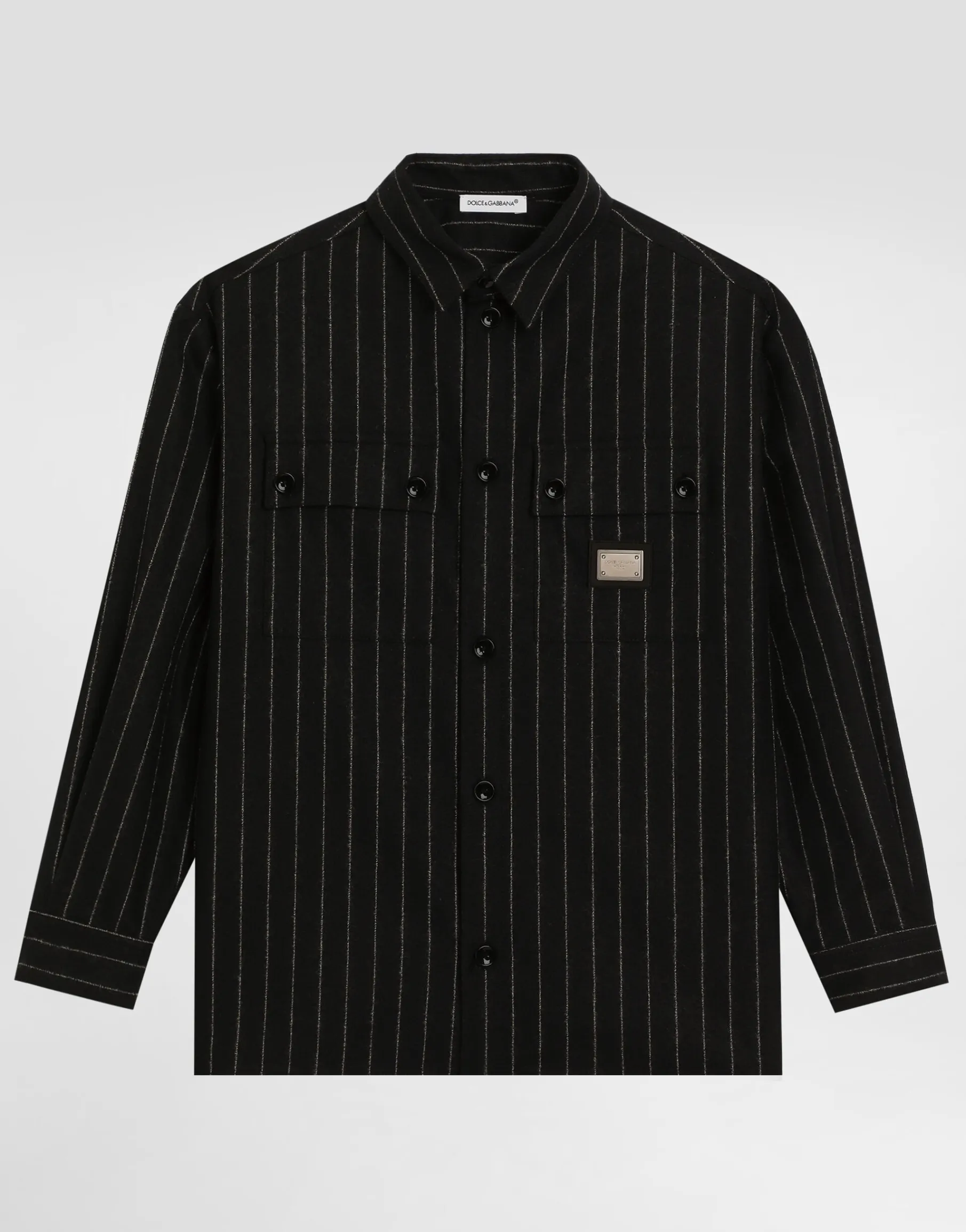 Pinstripe wool shirt with branded tag