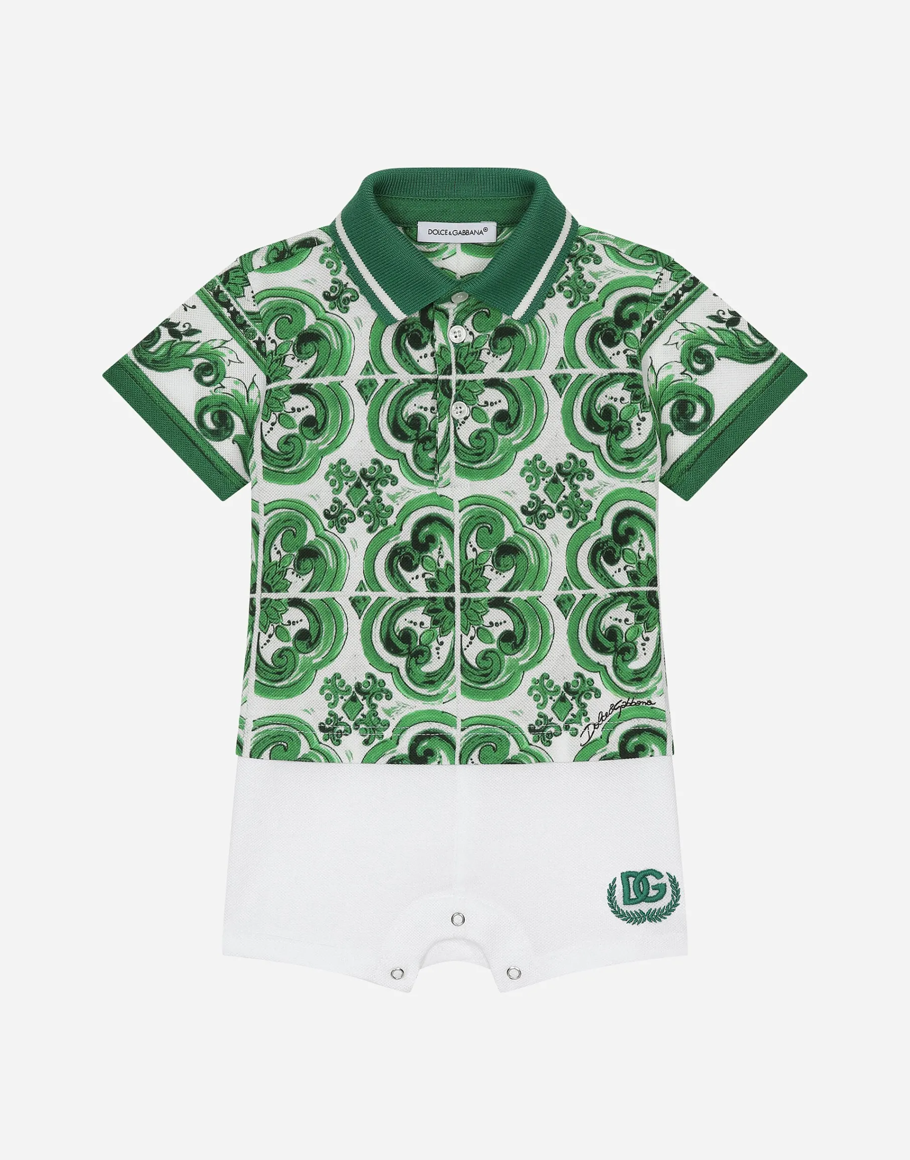 Piqué onesie with green majolica print and DG logo