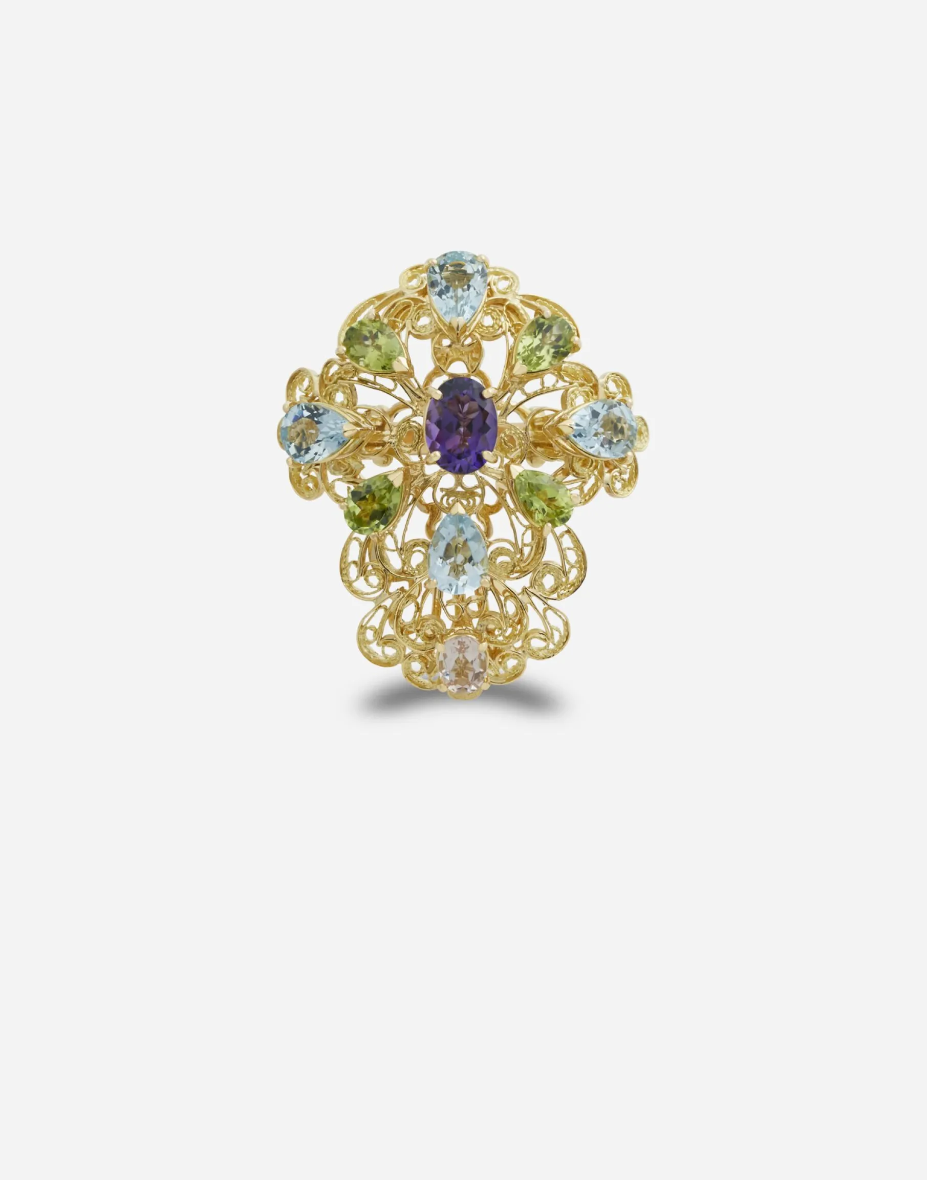 Pizzo ring in yellow gold filgree with amethyst, aquamarines, peridots and morganite