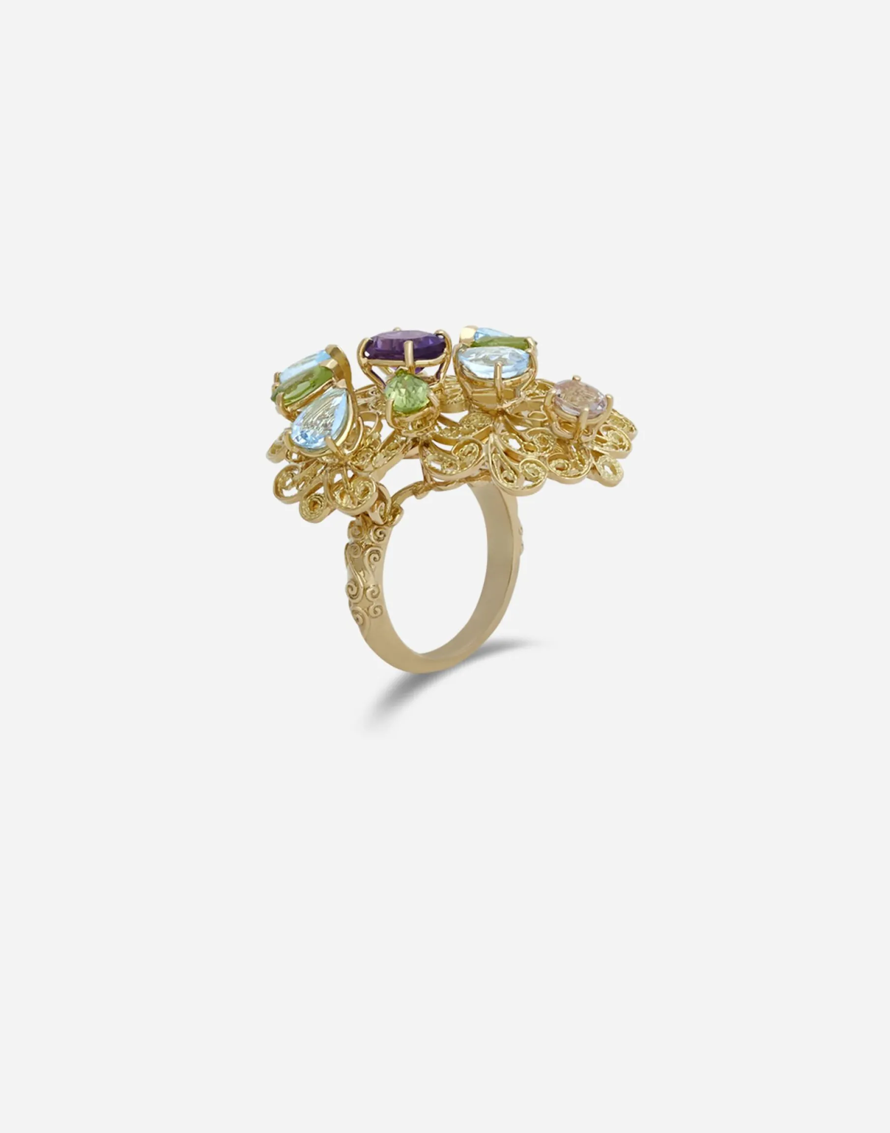 Pizzo ring in yellow gold filgree with amethyst, aquamarines, peridots and morganite