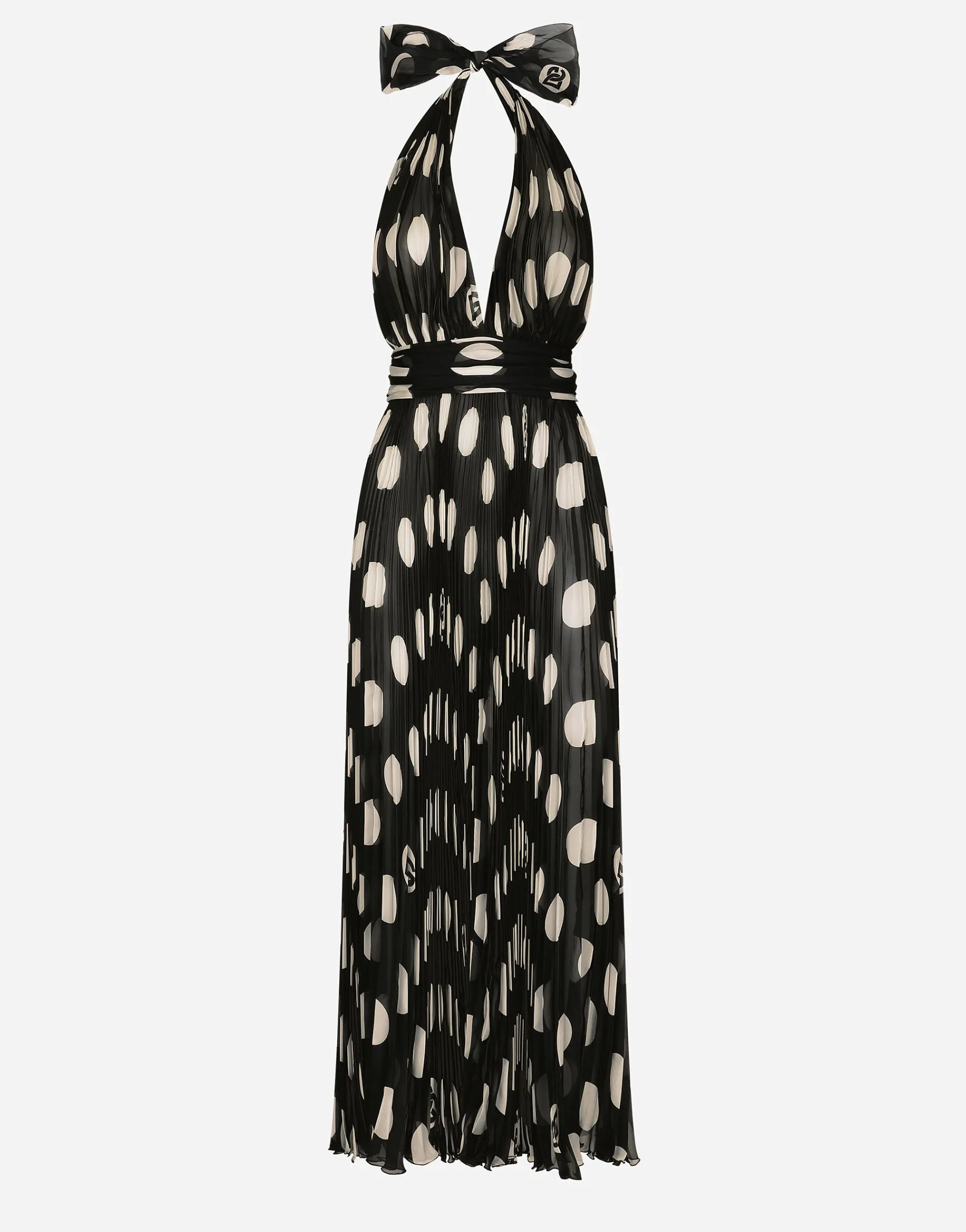 Pleated chiffon calf-length dress with polka-dot print