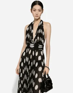 Pleated chiffon calf-length dress with polka-dot print