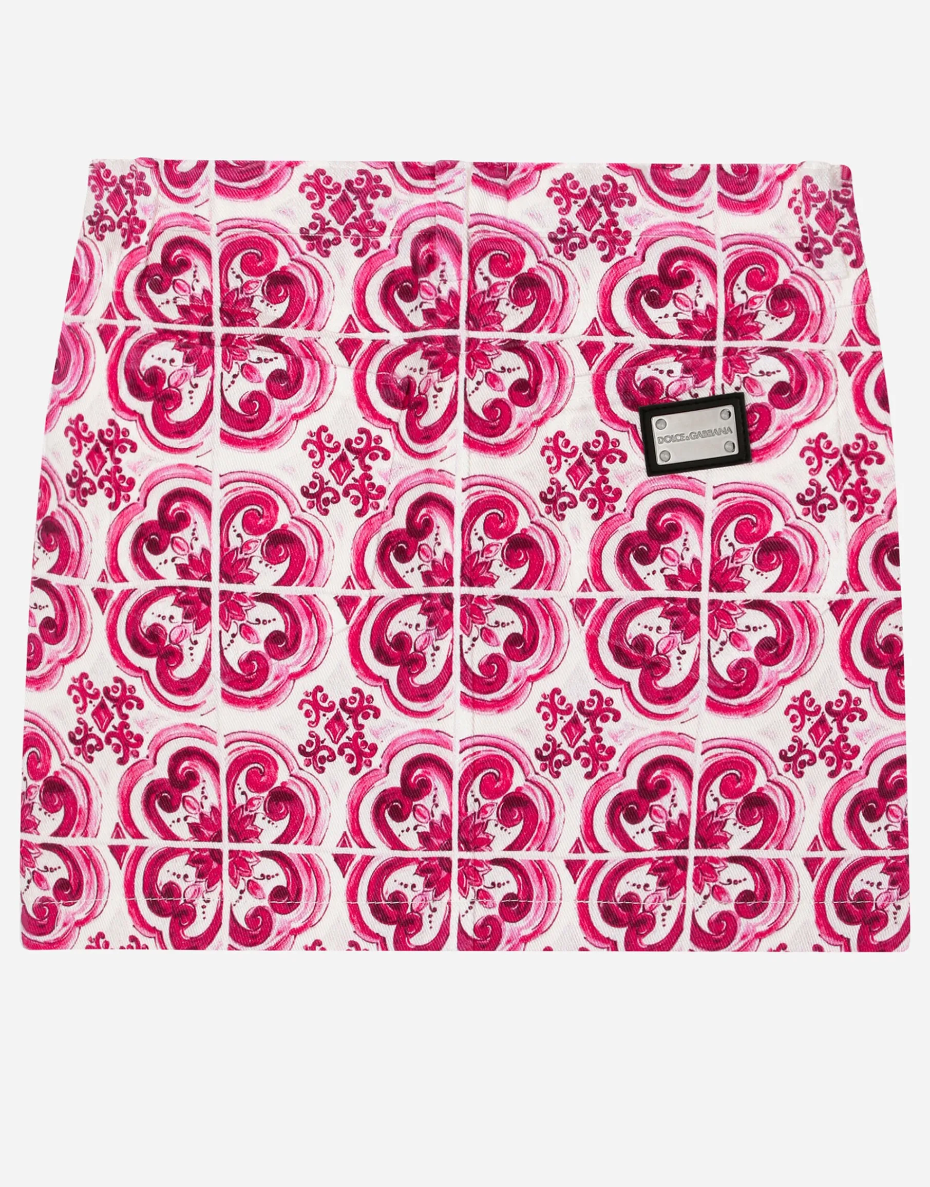 5-pocket denim miniskirt with majolica print