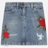 5-pocket short denim skirt with rose patch