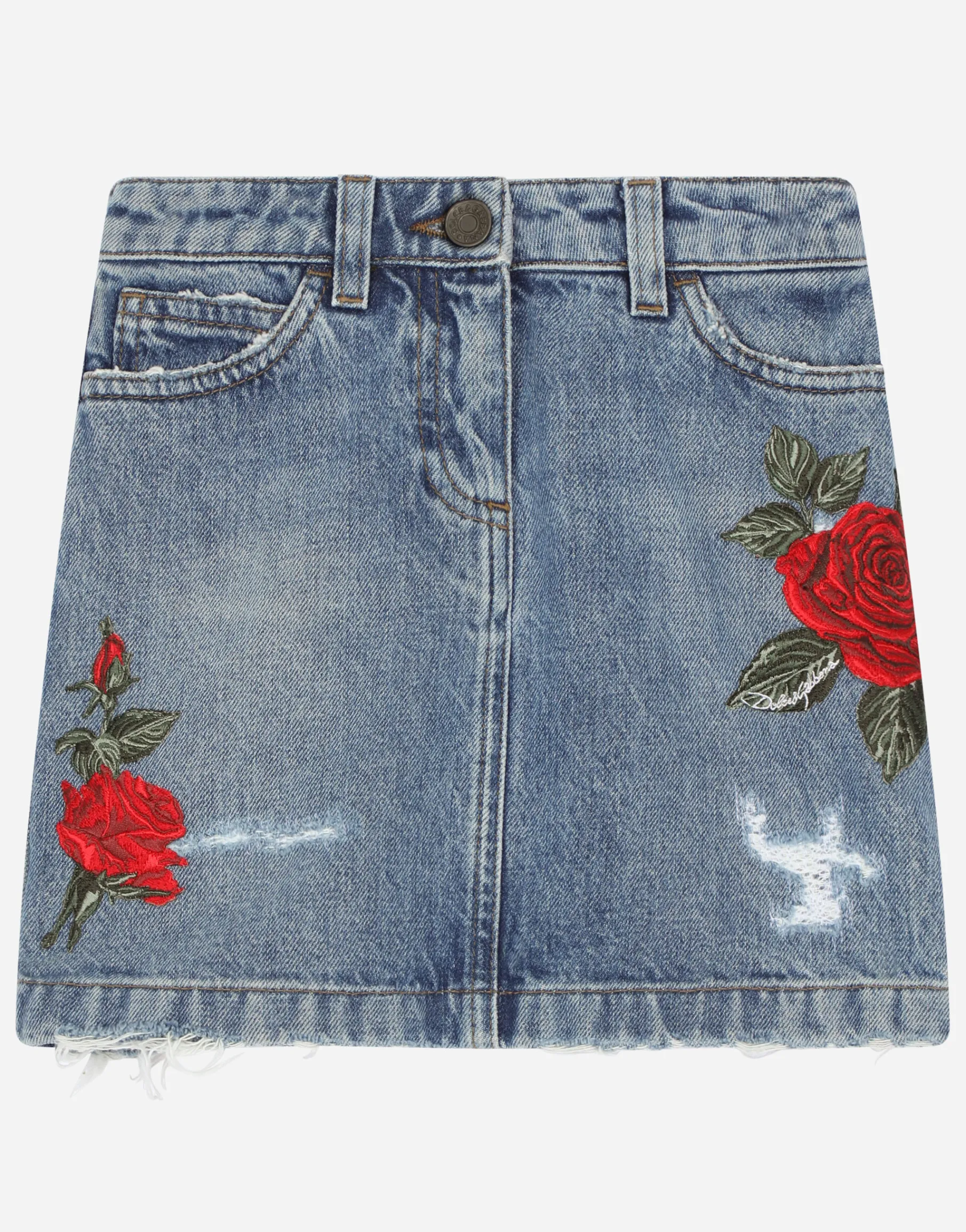 5-pocket short denim skirt with rose patch