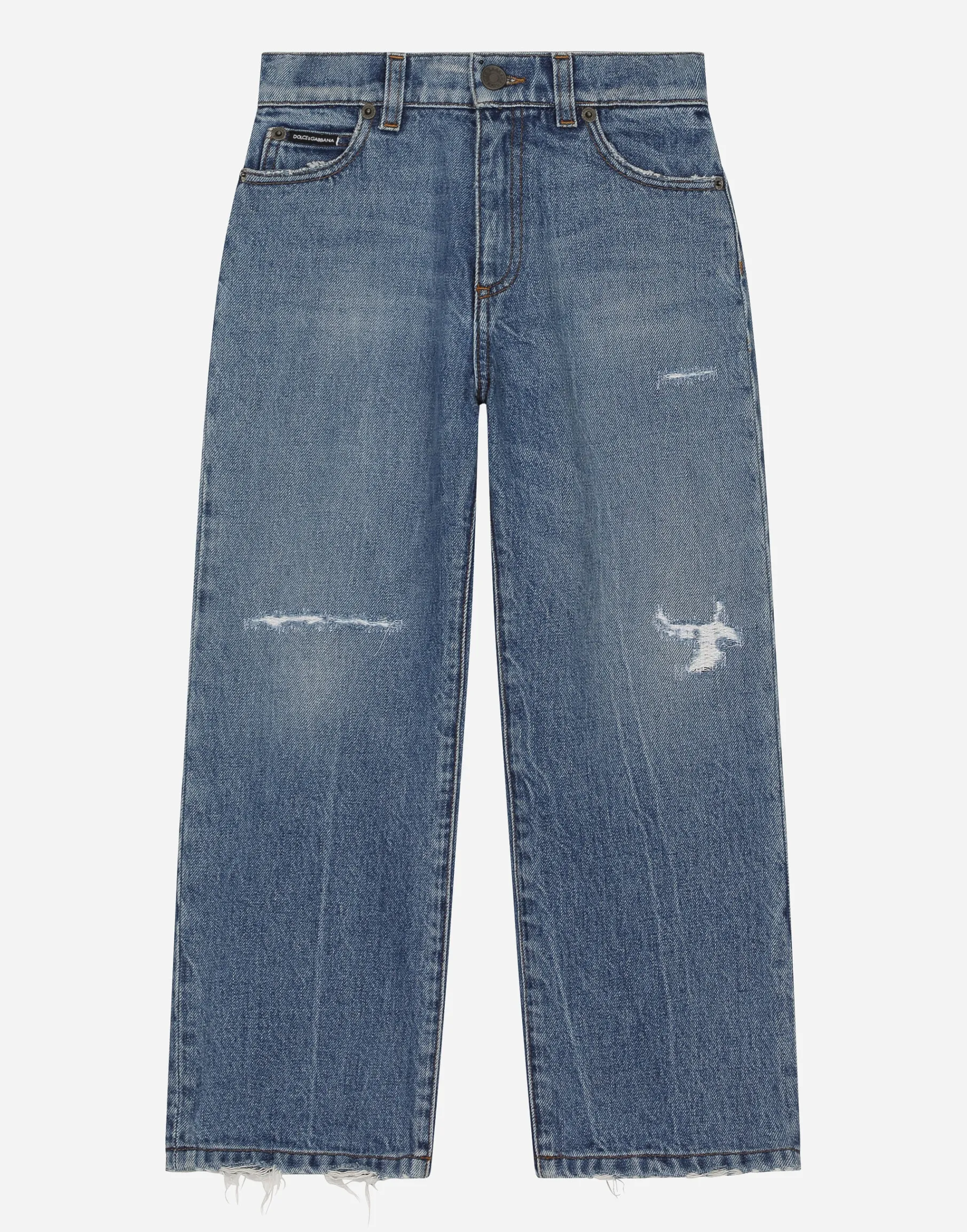 5-pocket treated denim jeans with logo tag