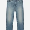 5-pocket treated stretch denim jeans with logo print