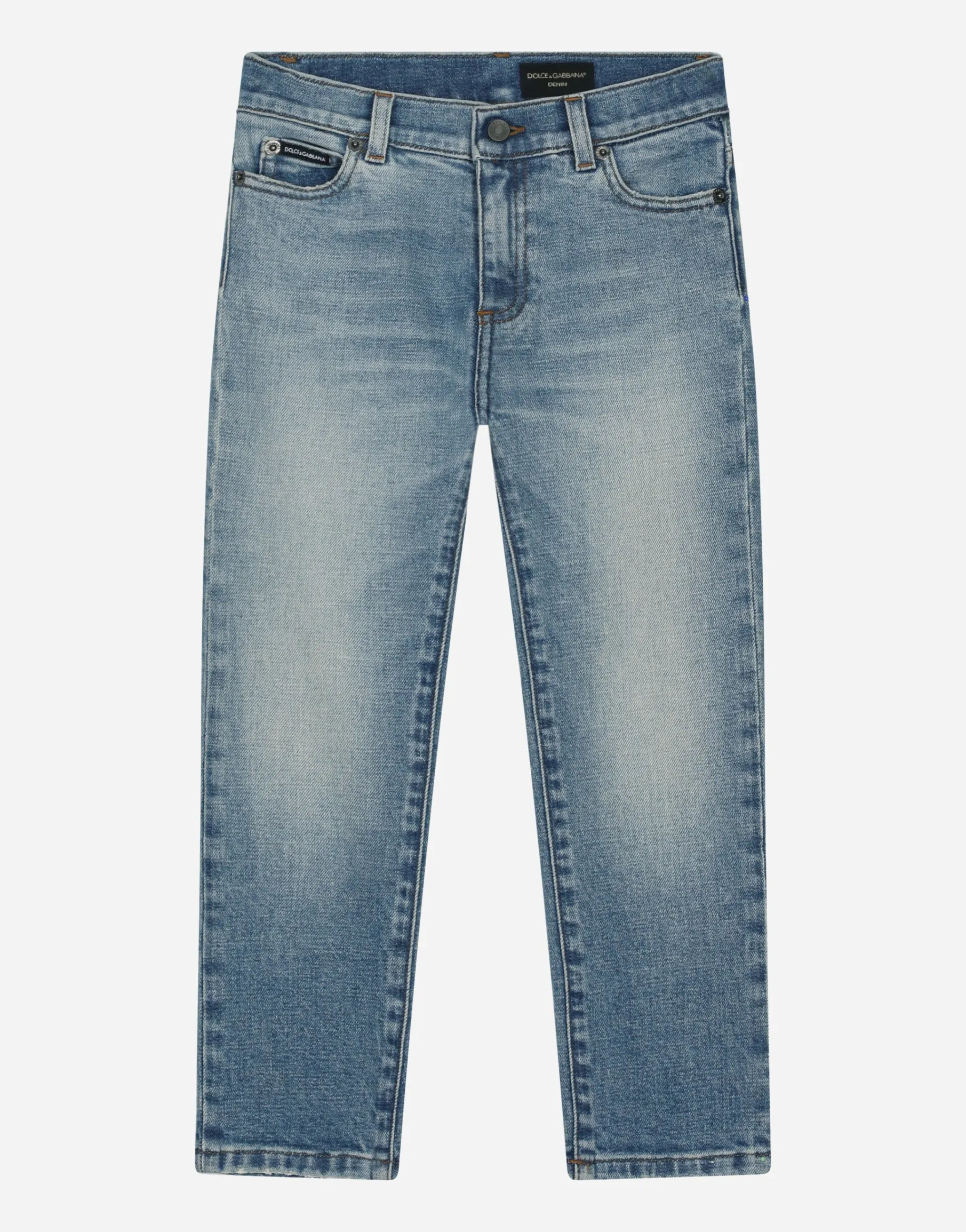 5-pocket treated stretch denim jeans with logo print