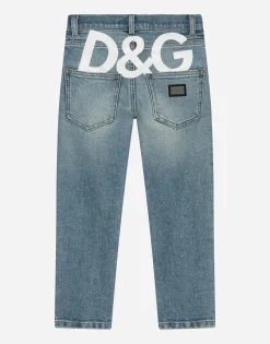 5-pocket treated stretch denim jeans with logo print