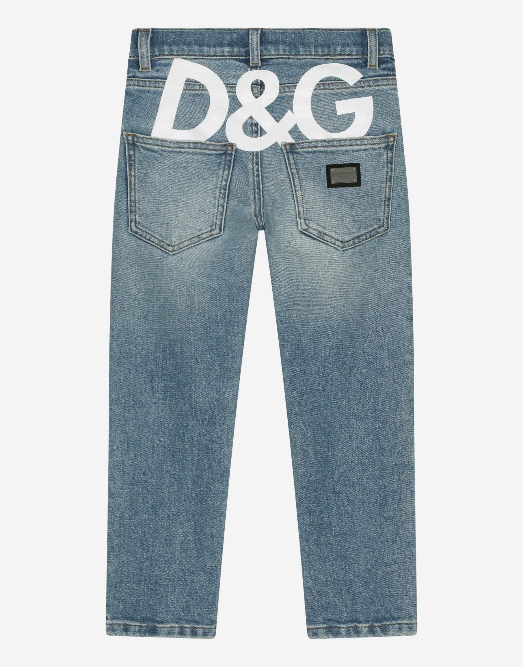 5-pocket treated stretch denim jeans with logo print