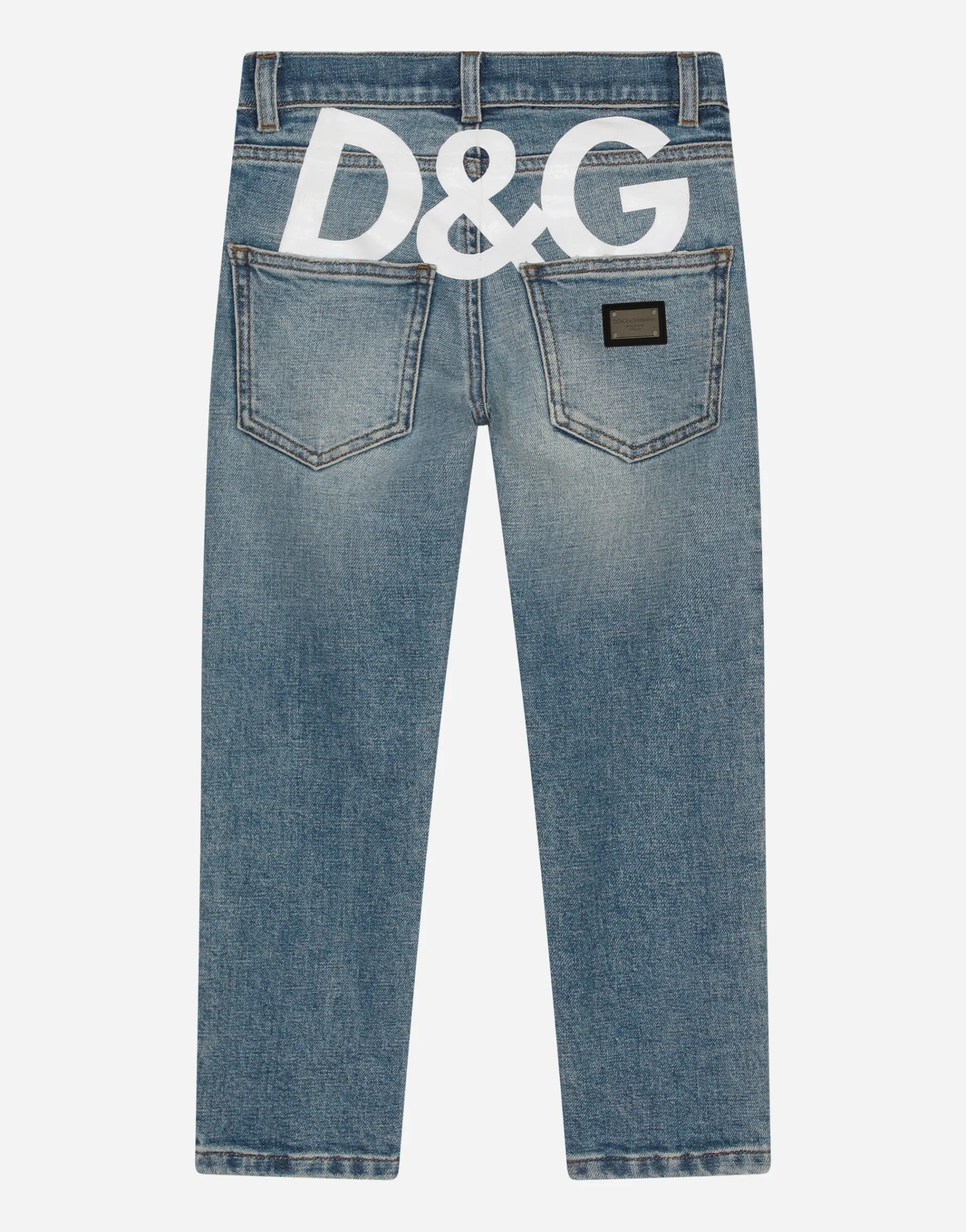 5-pocket treated stretch denim jeans with logo print
