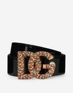 Polished calfskin belt with crystal DG logo