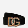 Polished calfskin belt with crystal DG logo